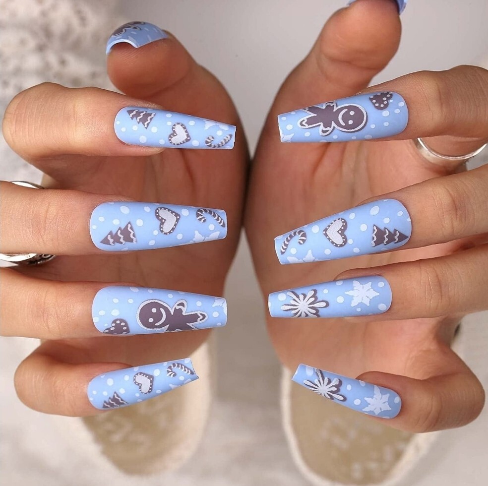 24 Matte Blue Christmas Press on nails kit glue on snow flake festive winter