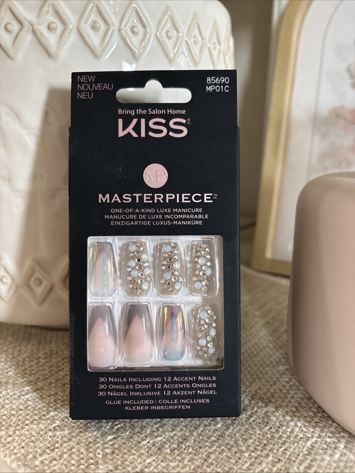 Kiss Fake Nails Masterpiece Luxe Manicure Bling Crystals Mauve Gold Glitter NIB