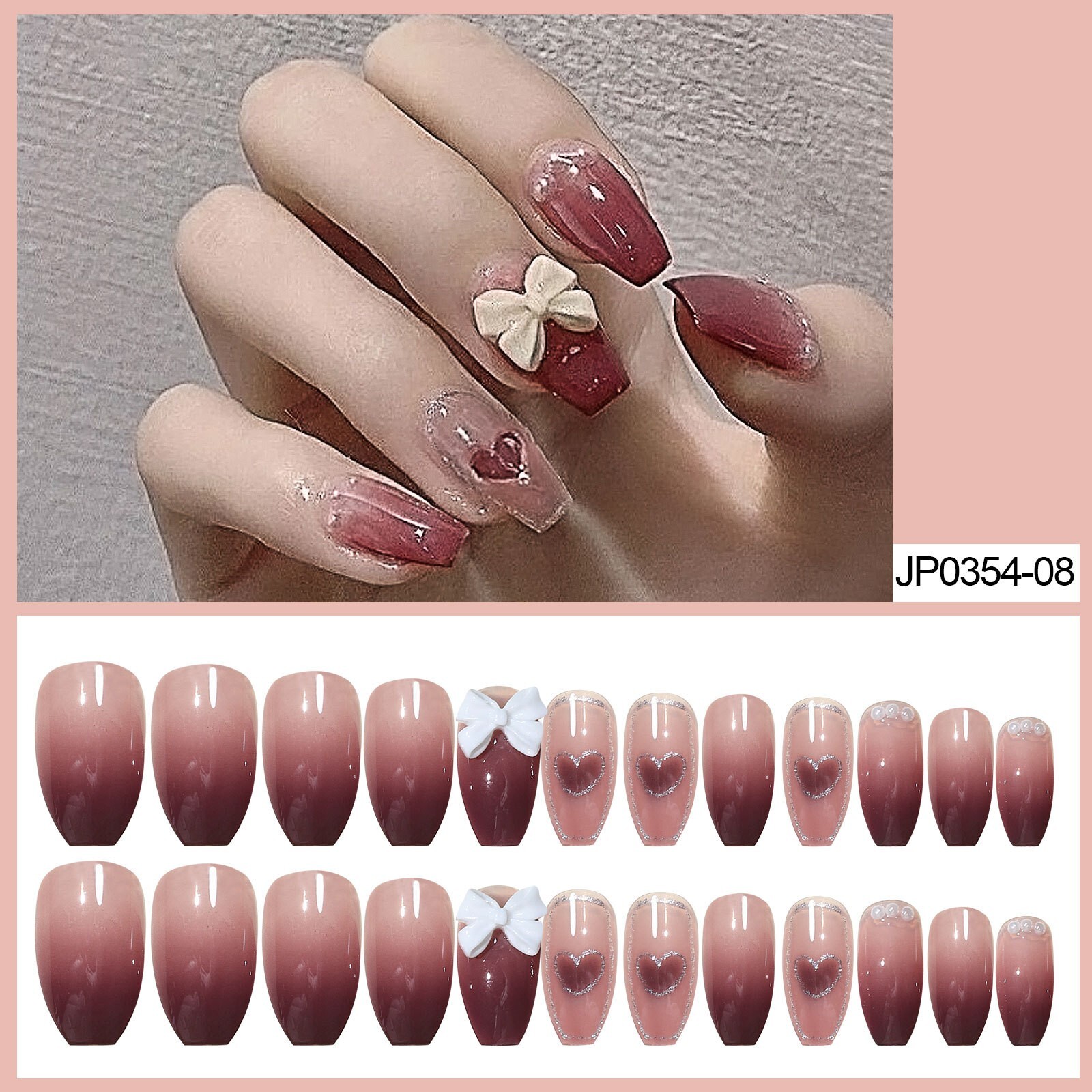 24Pcs Heart Bowknot False Nail Press on Nails for finger Nails Art Detachable