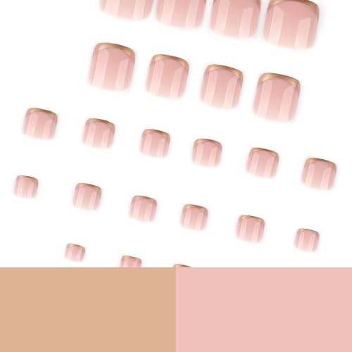 Gold Press on Toenails Square French Fake Toe Nails Press ons Short style 4