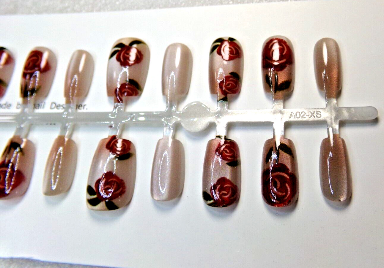 Micizian Nails Champagne Pink with Red Roses Design GLUE-On Short