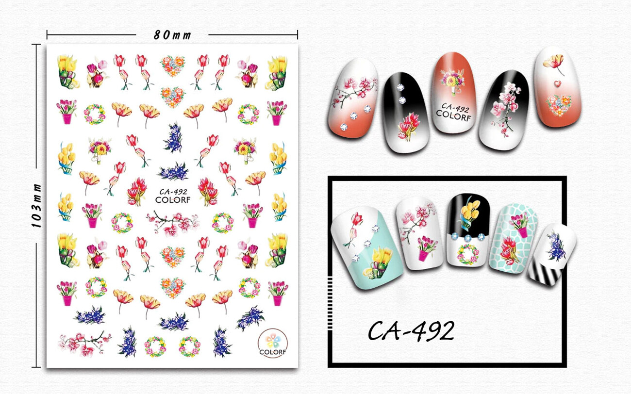 Nail art 3D stickers decal red pink yellow tulips purple flowers CA492