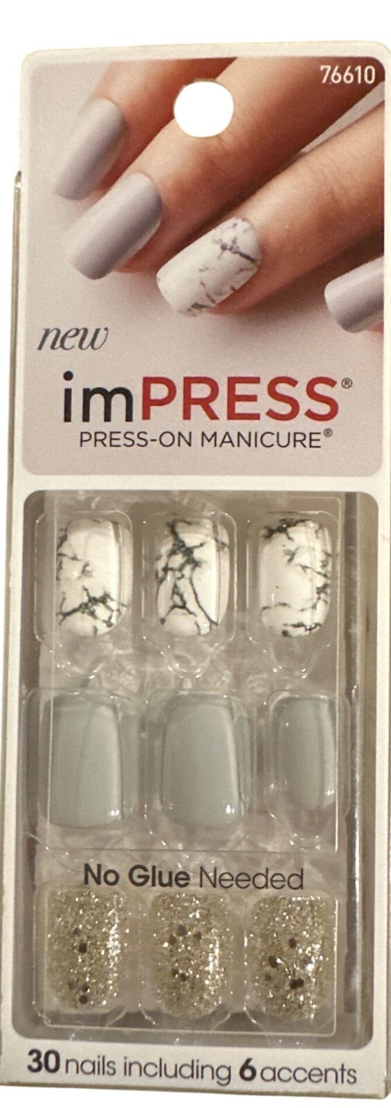 Impress YEAH BOY 30 Nails Short Squoval Marble+Glitter+Glossy Grey+Gold+White