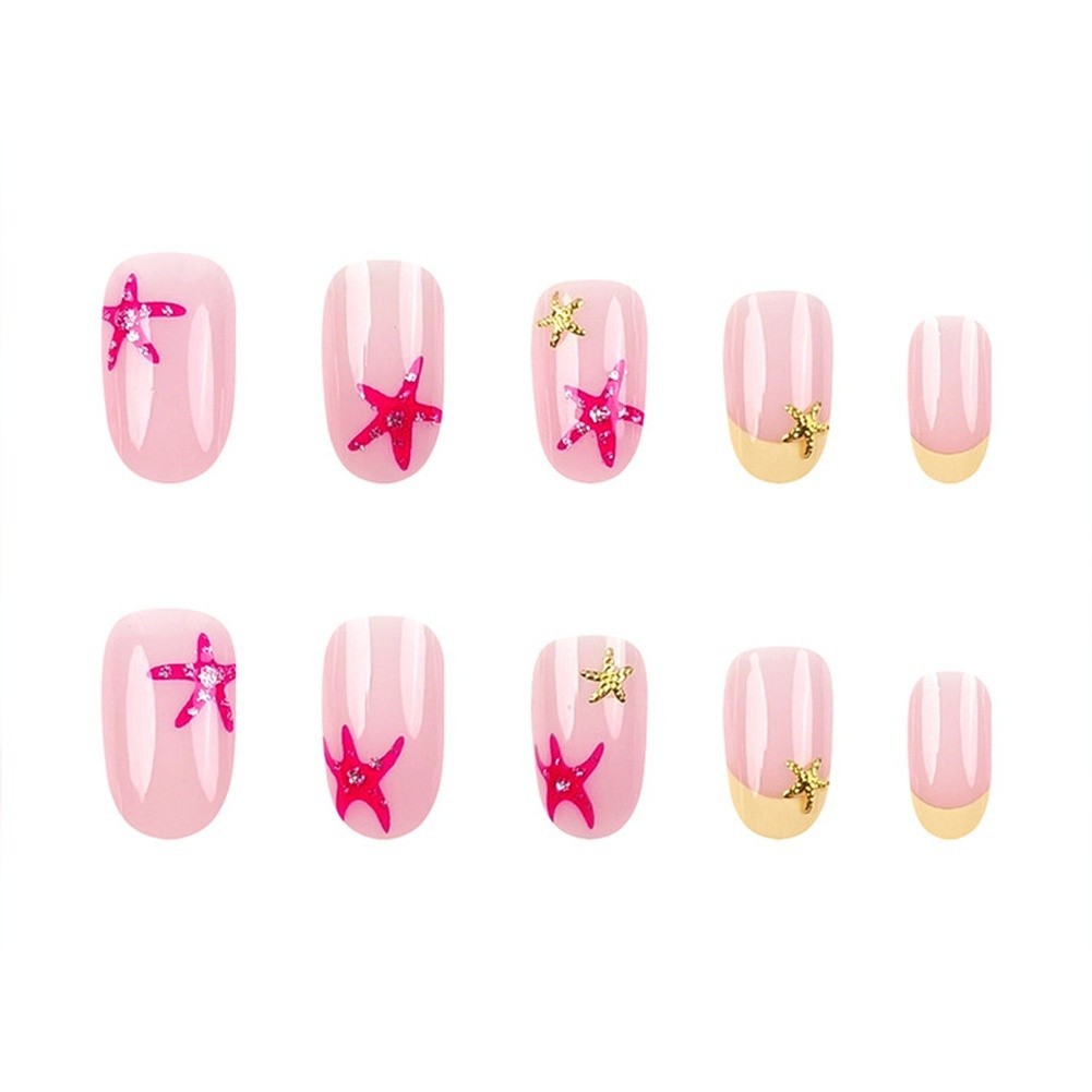 24PCS Starfish Motif Oval Press On Nails For french Style Nude Yellow Marine