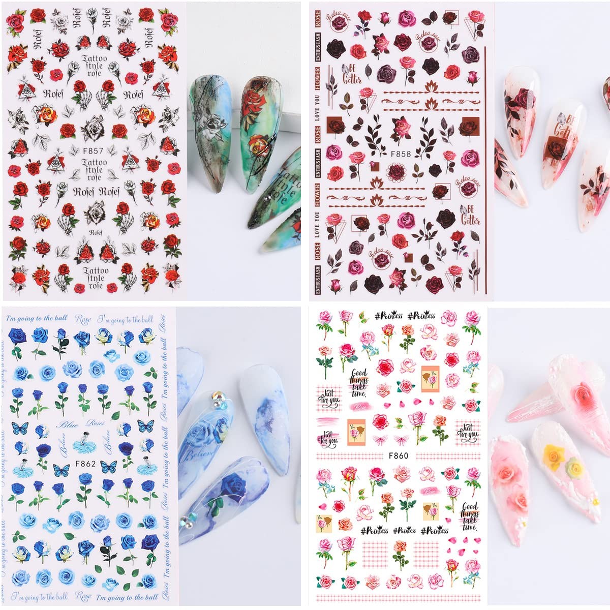 6 Sheets Flower Nail Art Stickers 3D Blue Pink Red Rose Nail Decals Spring Su…