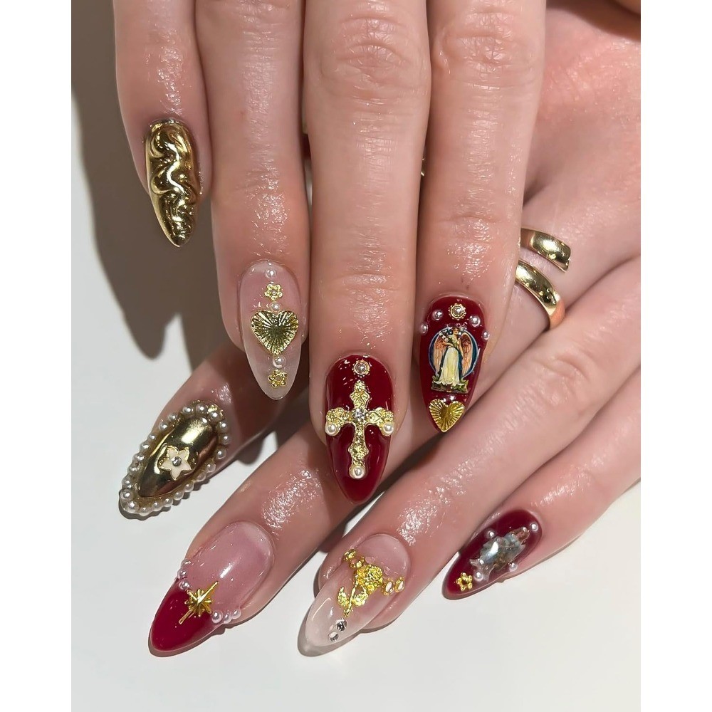 128PCS Gold Nail Charms Set with Rhinestones Gems Rose Hearts Cross and Virgin