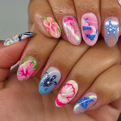 24Pcs Ocean Life Press on Nails – Short Almond Fake Nails XF-088