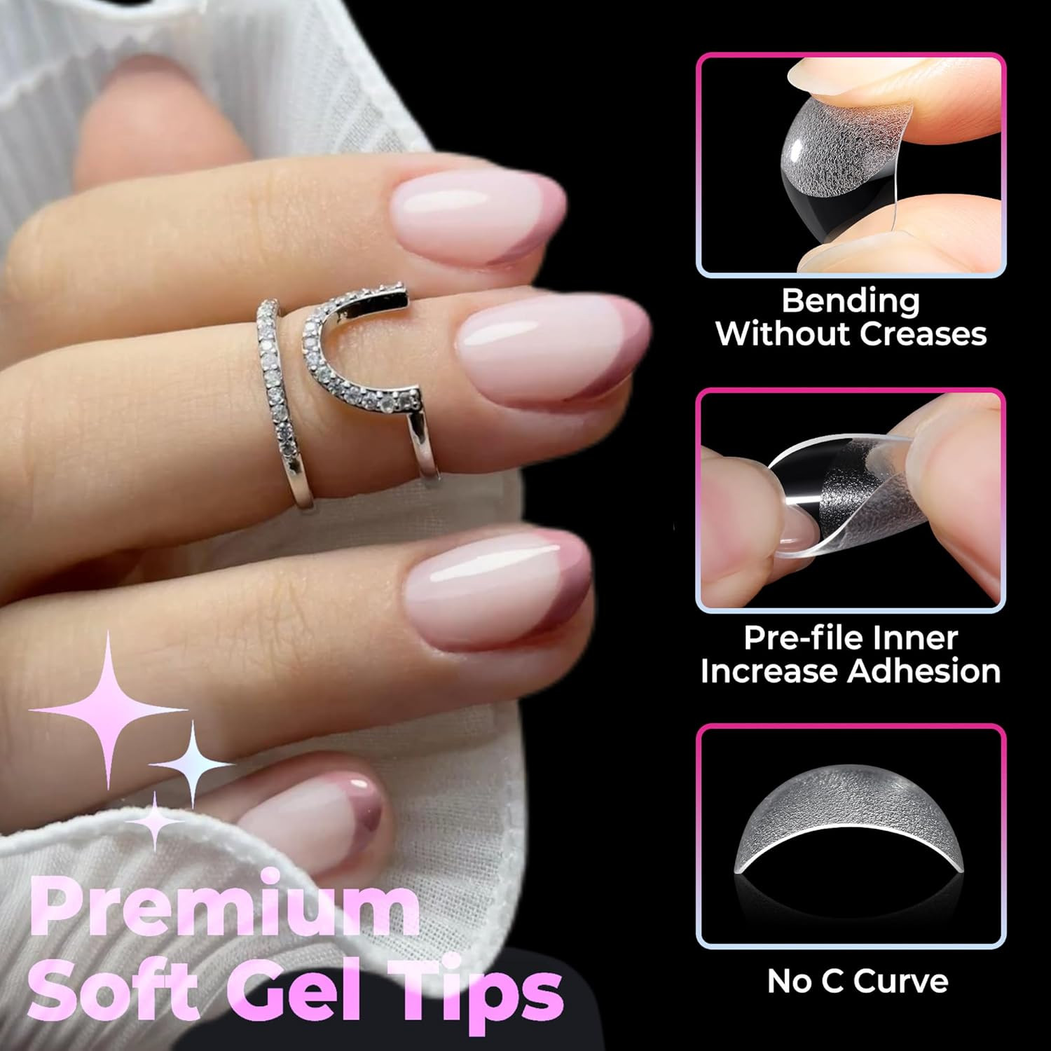 Extra Short Oval Nail Tips, Pre-Etched round Clear Fake Nails 216Pcs Soft Gel Ac