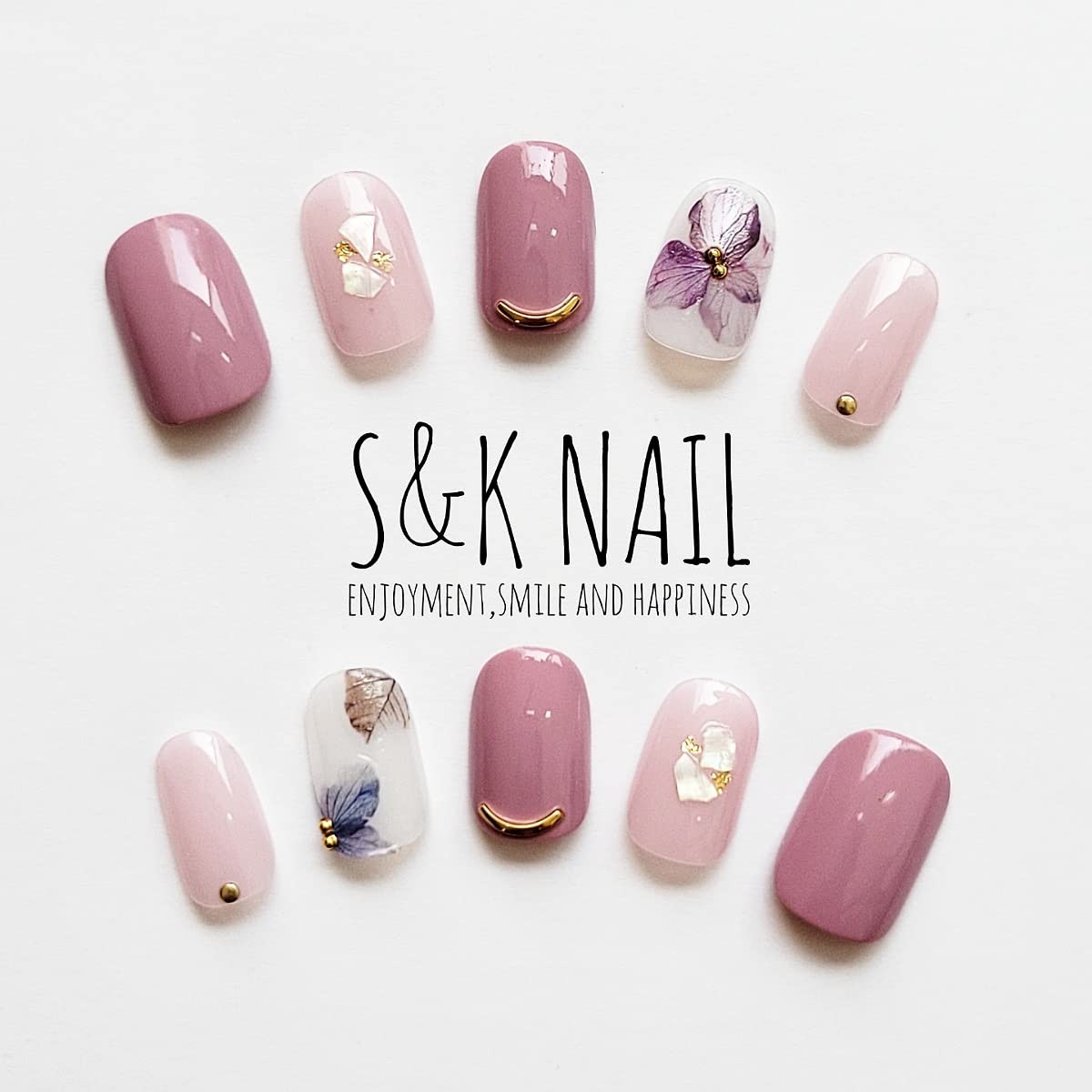 Nail Tips Short Oval Hydrangea Design Handmade 26pcs Japan