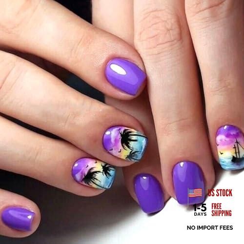 Short Press on Nails – Square Shaped Fake Nails with Palm Tree Gel Glue