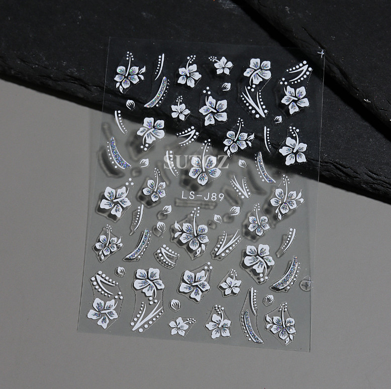 Pink White Glitter 3D Nail Stickers Flower Star Flame French Transfer Decals NH6
