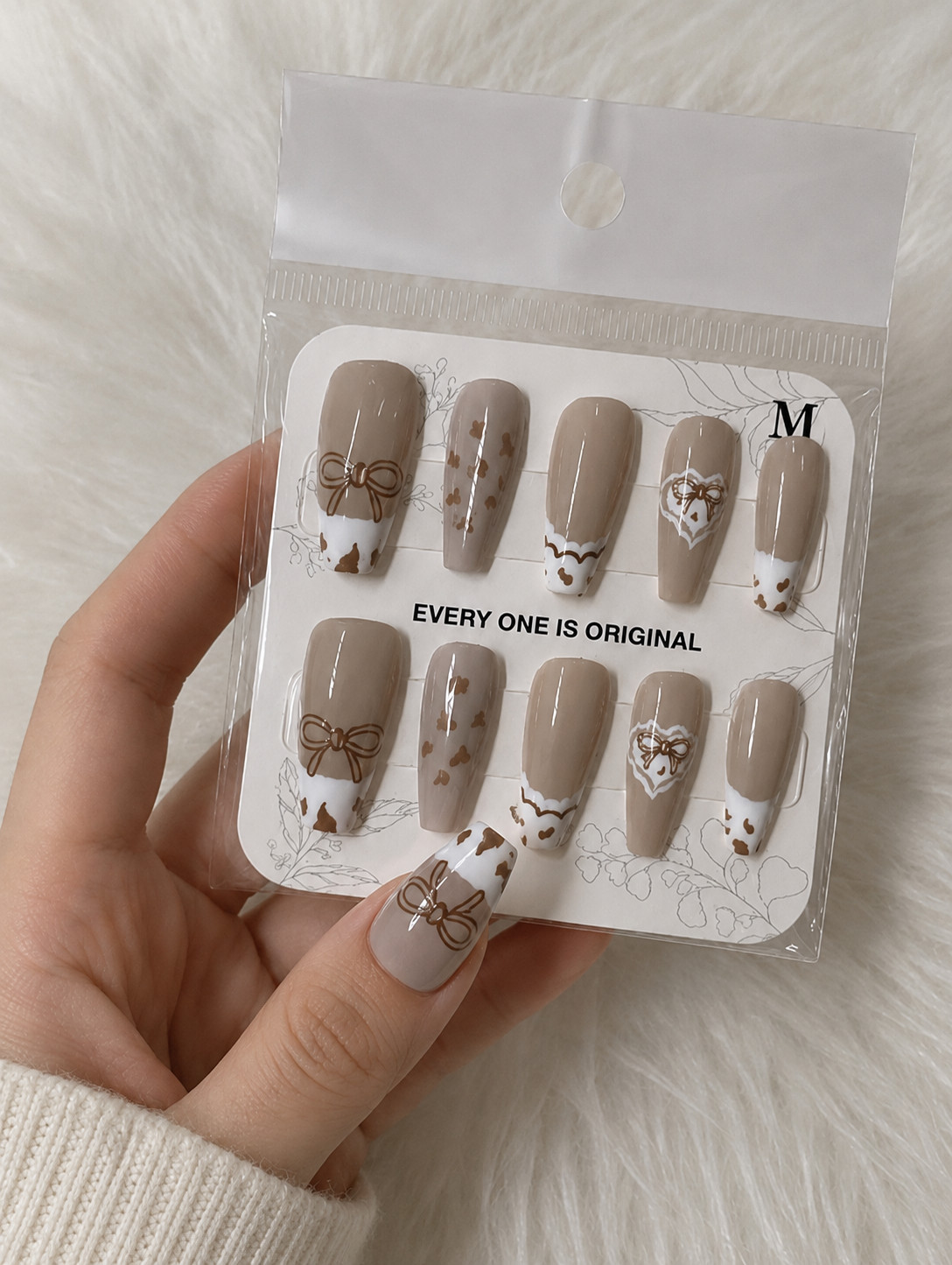 Warm Taupe Nude Coquette Bow Press-On Nails – Glossy Coffin Nails – Medium
