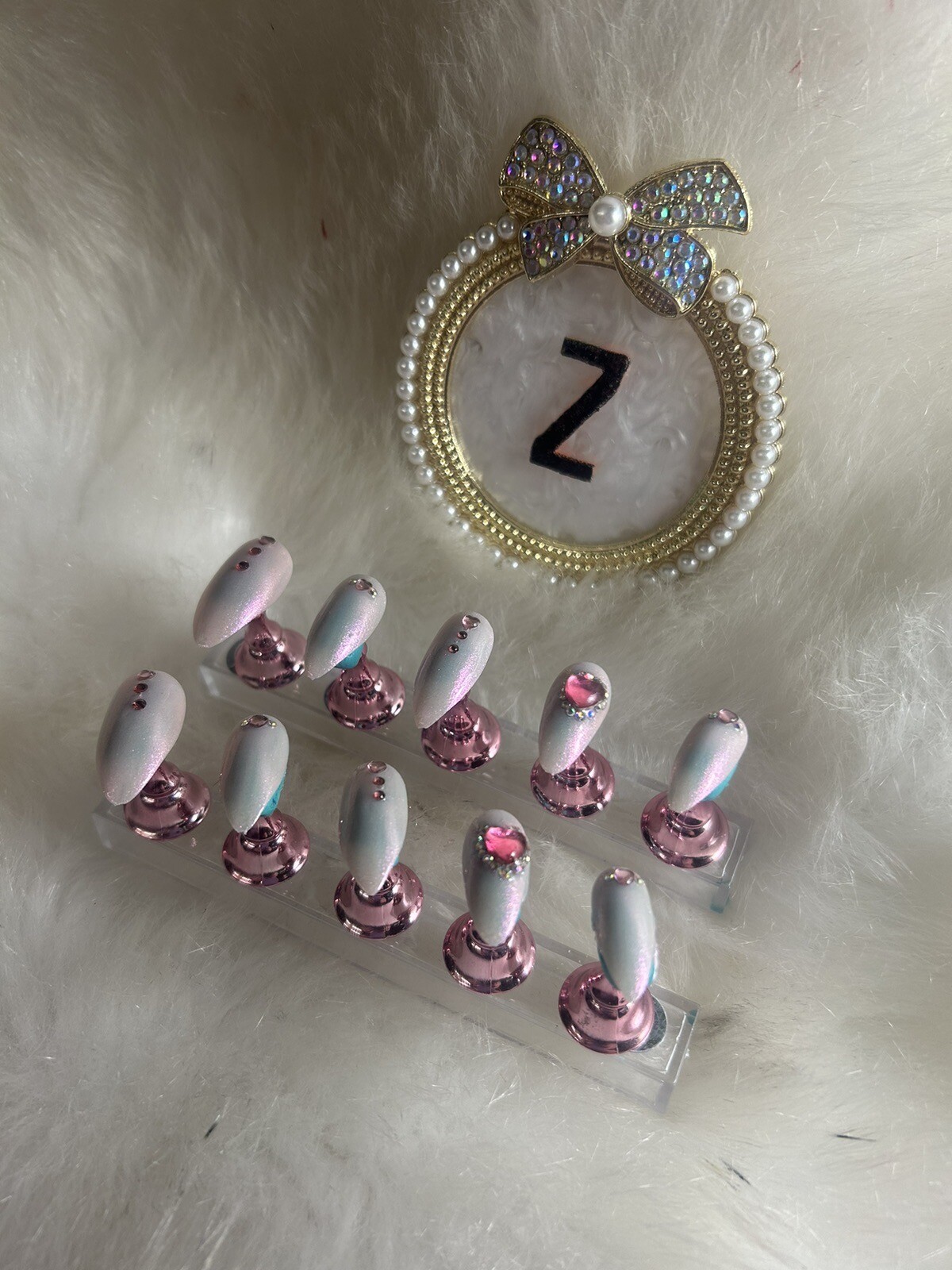 Z NAILZ! Handmade M Oval Pink Iridescent Press On Nails With Pink Stones