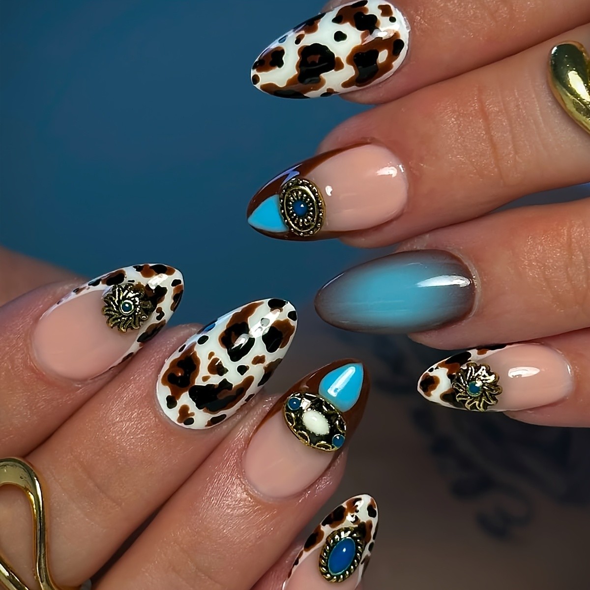 48Pcs-Cow Print Turquoise Almond Press on Nails with Western Style Gem Fake Tips