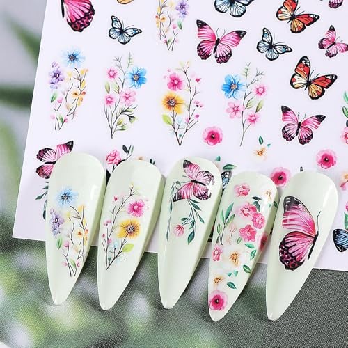 Vibrant Flower Nail Art Stickers – Colorful Butterfly, Leaves, Flowers Design