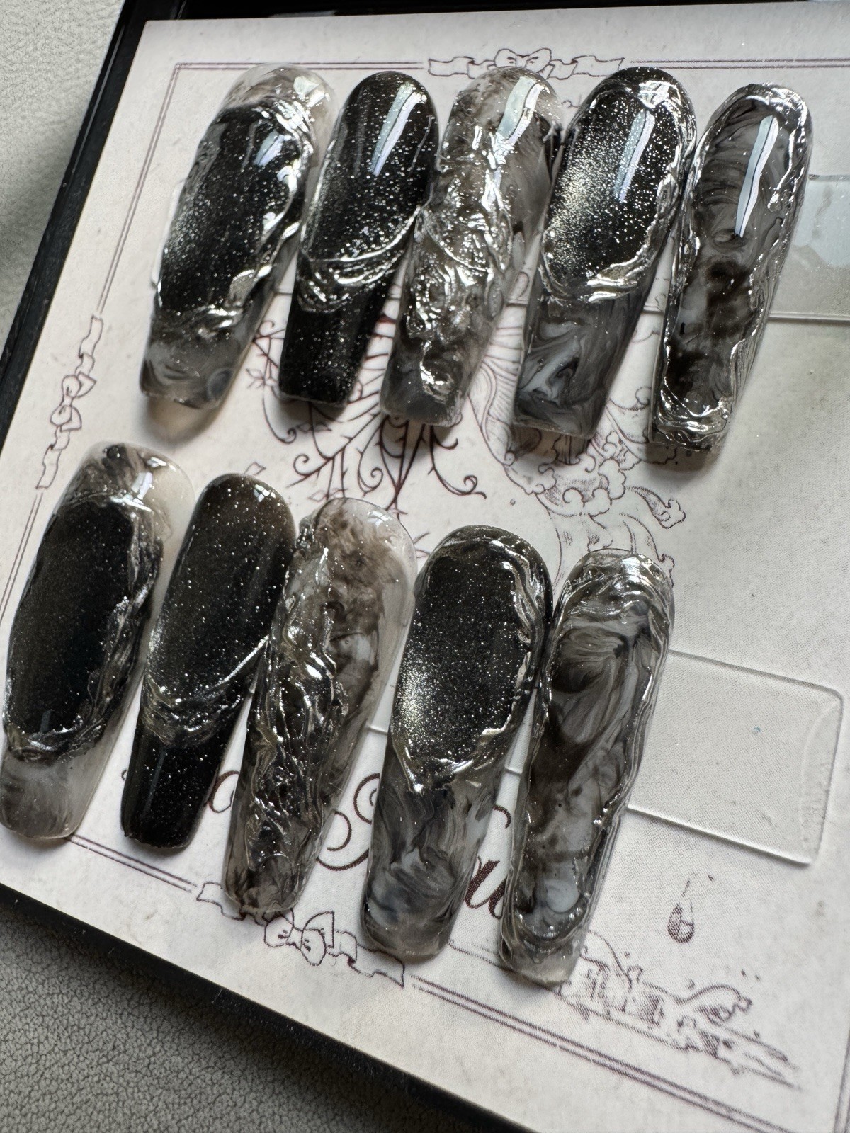 Press-On Nails Long Coffin Black/Gray/Silver Marble Glitter Full Cover