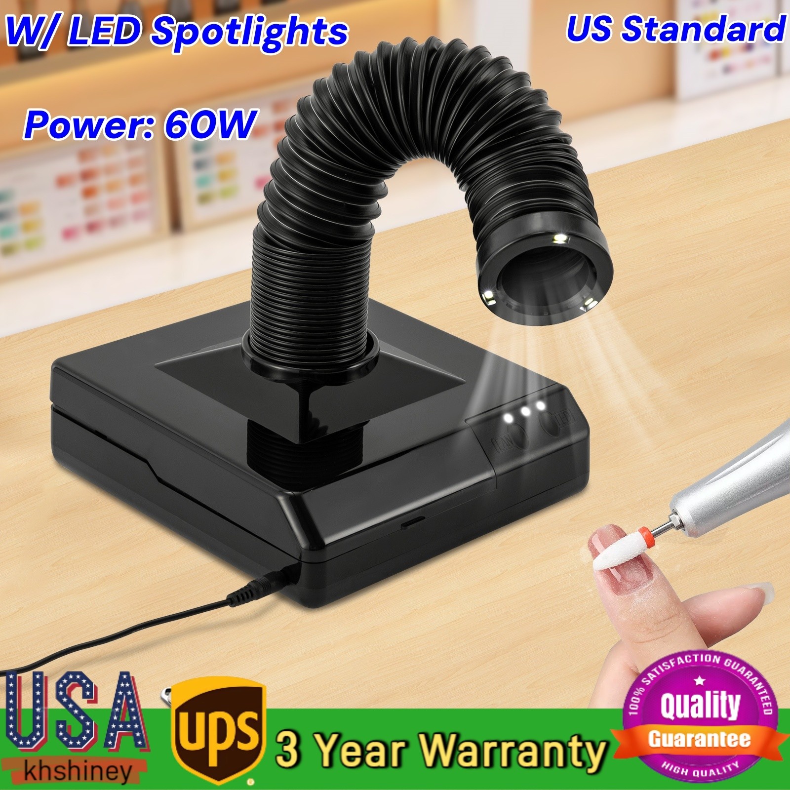 Nail Dust Collector Vacuum with 60W Power and LED Spotlight for Manicure