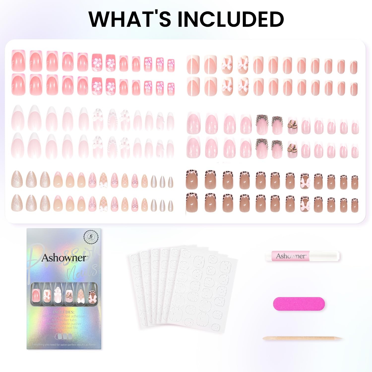144 Reusable Press-On Nails Set | 12 Sizes, 6 Styles, Cute Bow Design