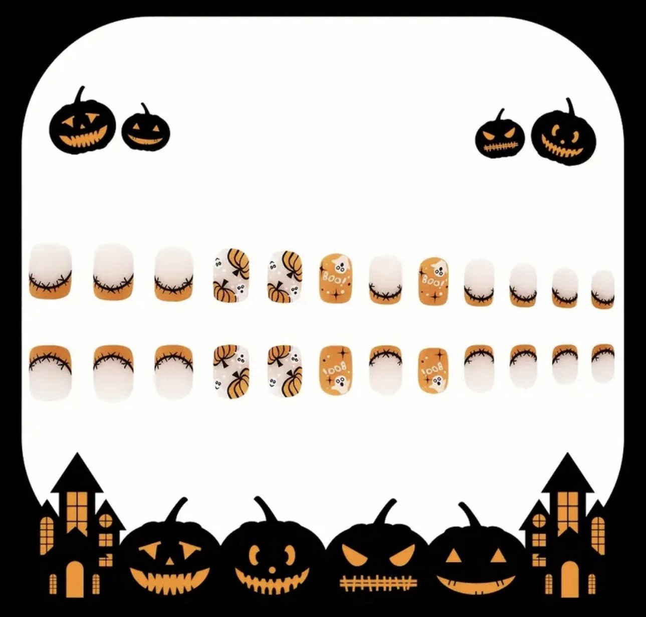 24 Pieces Halloween Themed Orange Tip Press-on Nails with Pumpkins and Ghosts