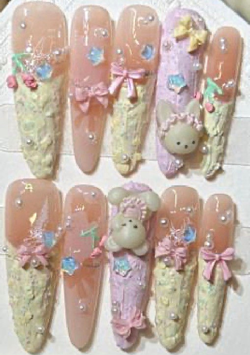 Handmade 3D Long Almond Pink Beige White Full Cover Press-On Nails Set