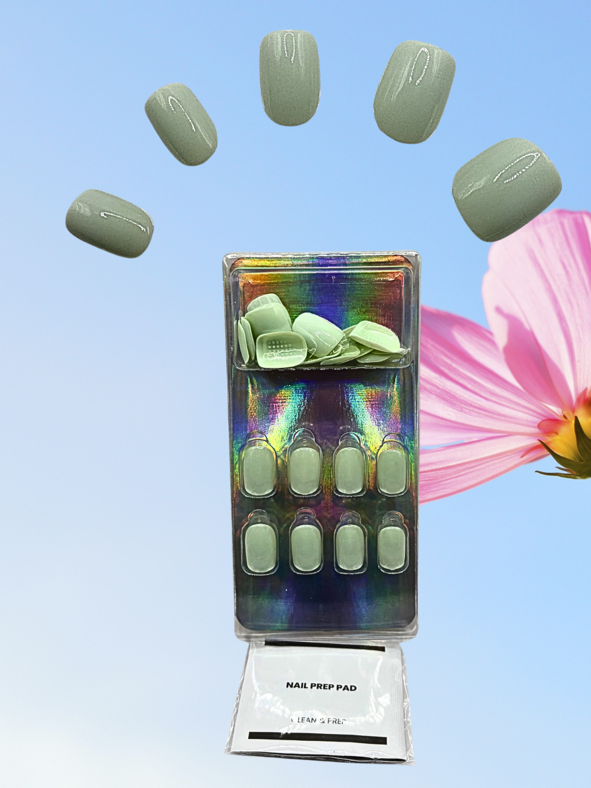 THE MIMO Press-On Nails Square – Milky Mint Glossy Finish, 24pcs Reusable Set