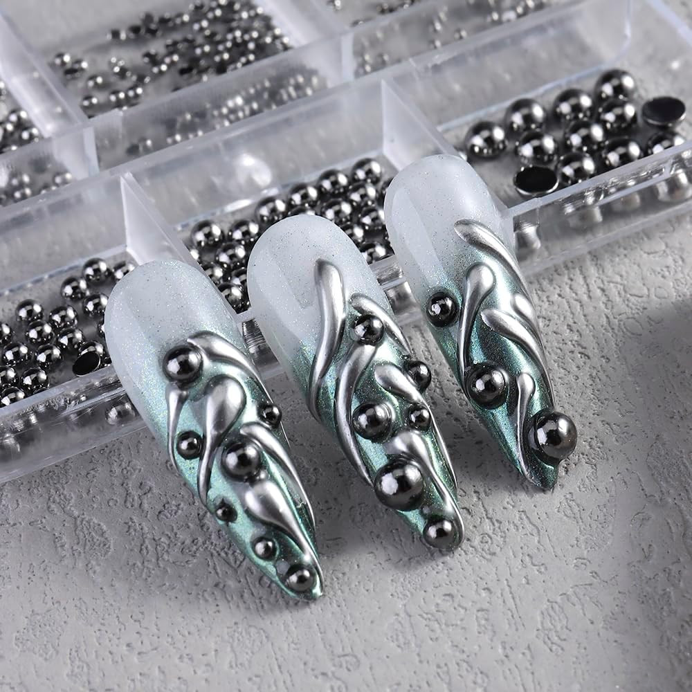 Mixed Sizes Half round Steel Beads 3D Nail Charms, Black Flatback Metal Caviar B