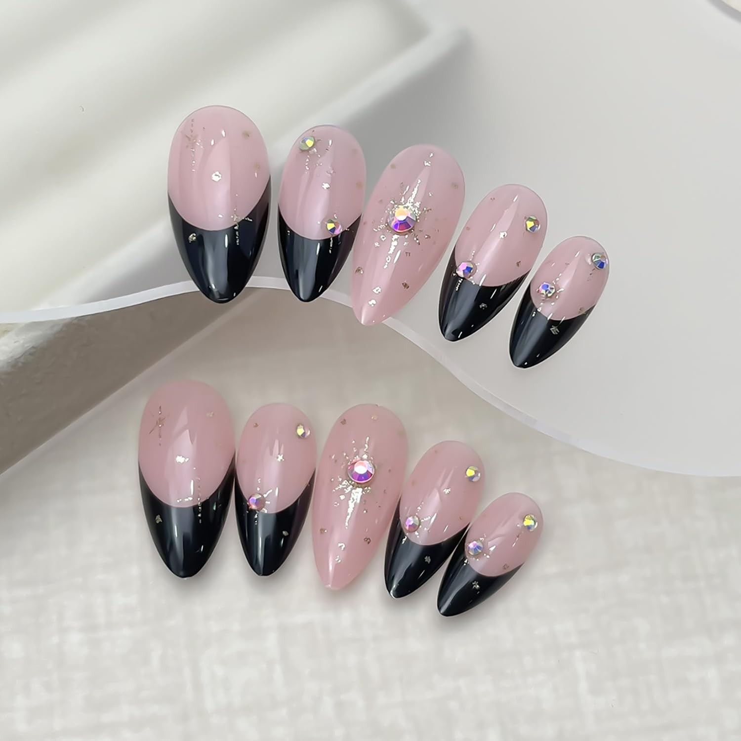 Black French Tip Press on Nails Medium Gold Glitter Rhinestones Medium, Multi