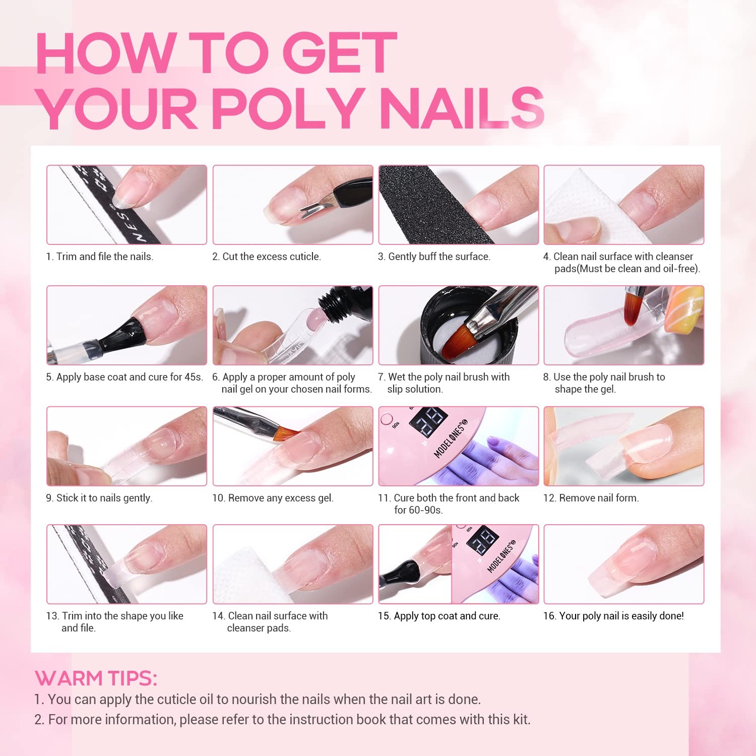 6 Color Poly Nail Gel Kit With 48W UV LED Lamp Charms Slip Solution Set