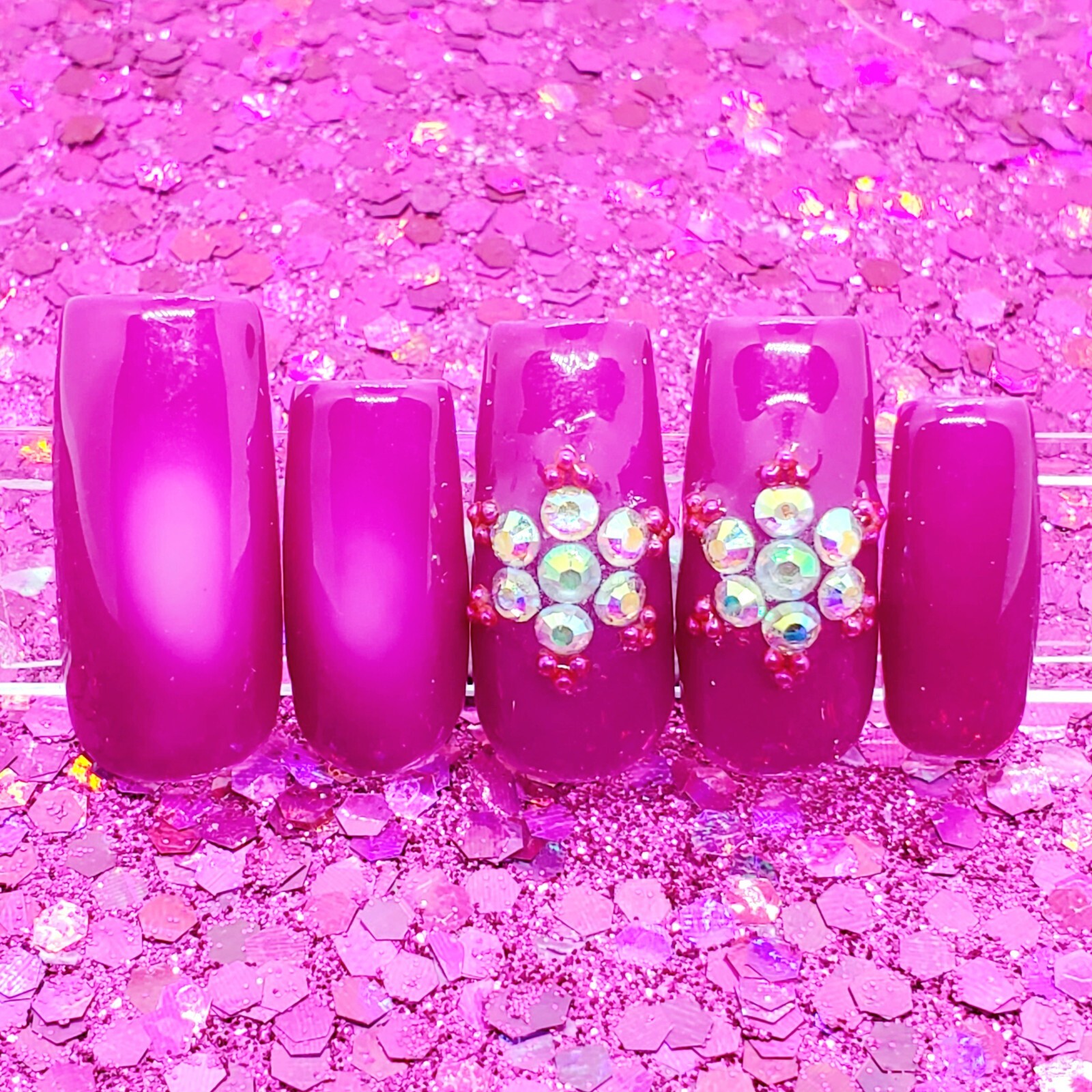 Hot Pink To White Color Change Rhinestone Flower Press On Nails Handmade Gel
