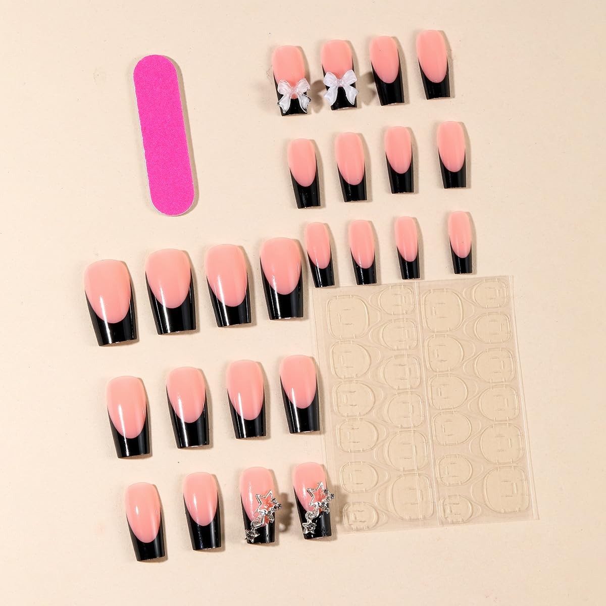24pcs Long Press on Nails Square French Tip Fake Nails with Bow Charms Design…