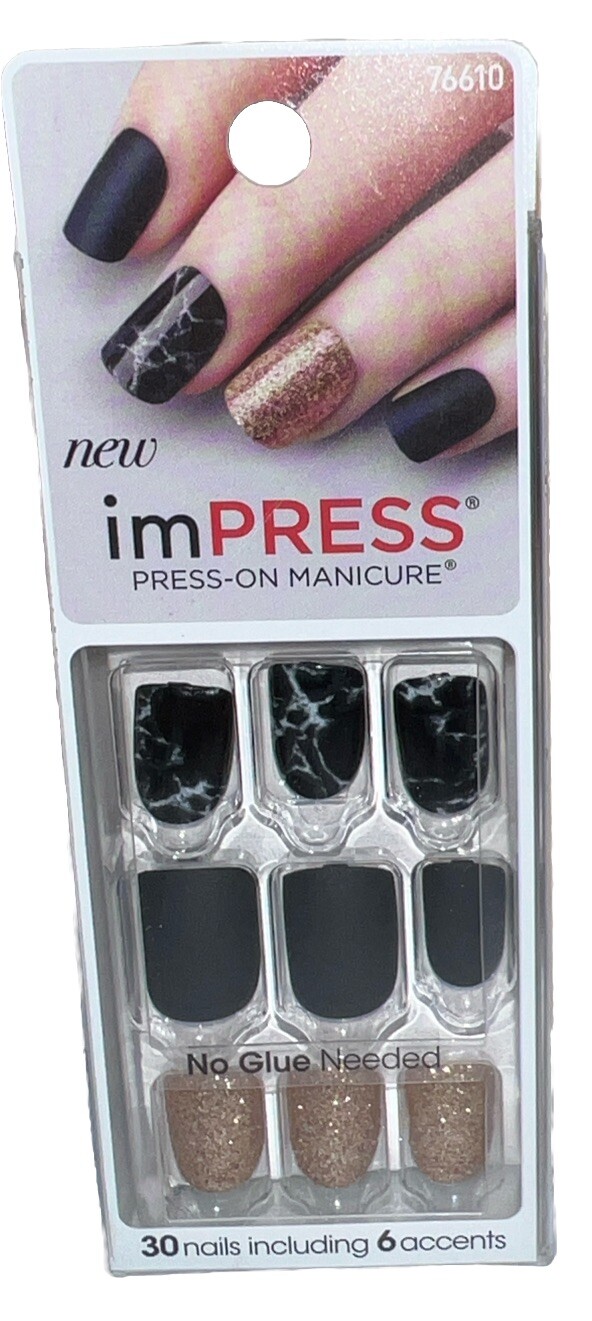 Kiss Nails Impress Press On Manicure #76610 Yeah Boy (Black Marble Gold Glitter)