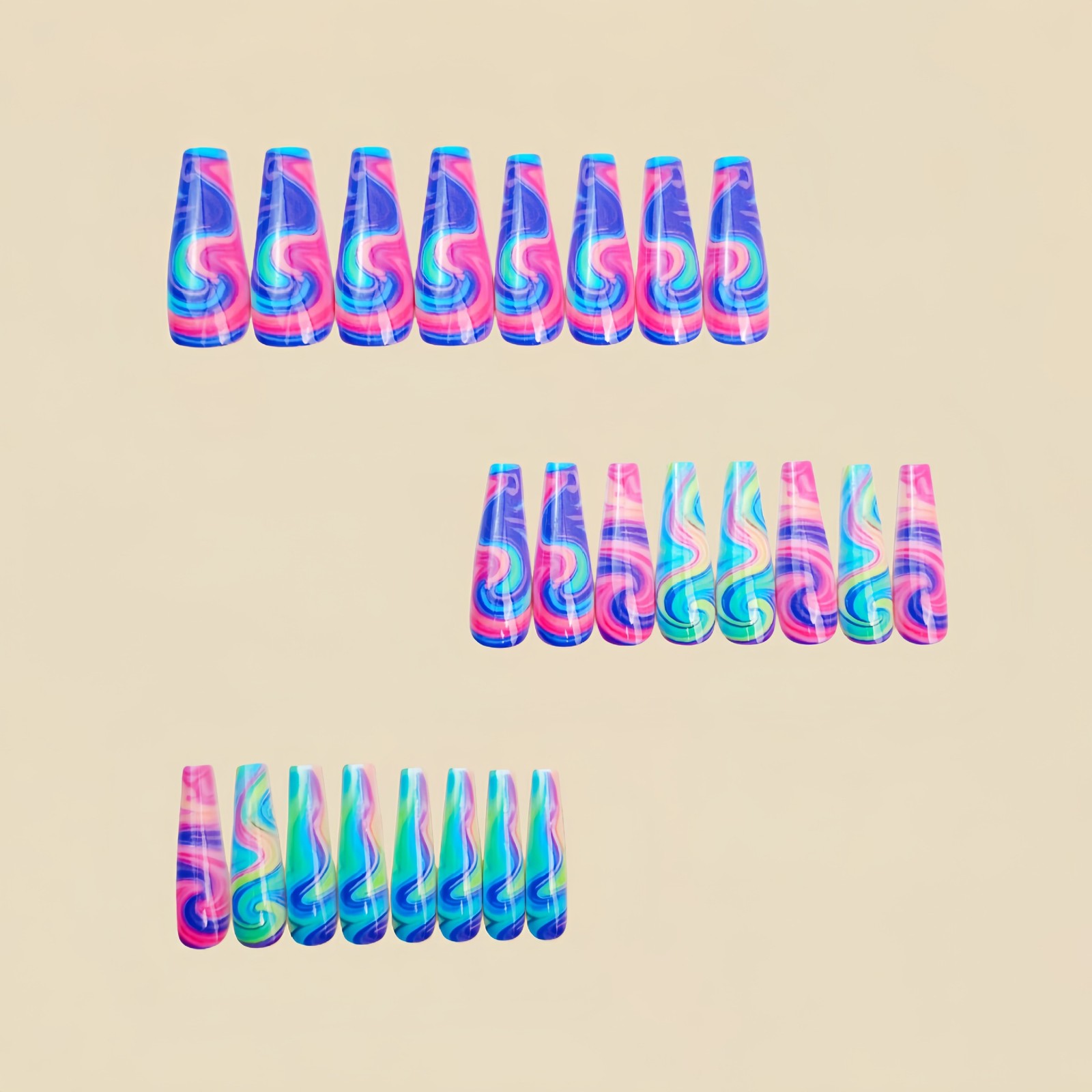 48Pcs Rainbow Swirl Press on Nails Neon Colorful Glossy Stylish Shiny Fake Nails