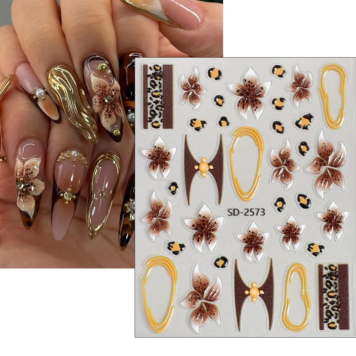 Leopard Print Flower Nail Art Stickers, 3 Sheets