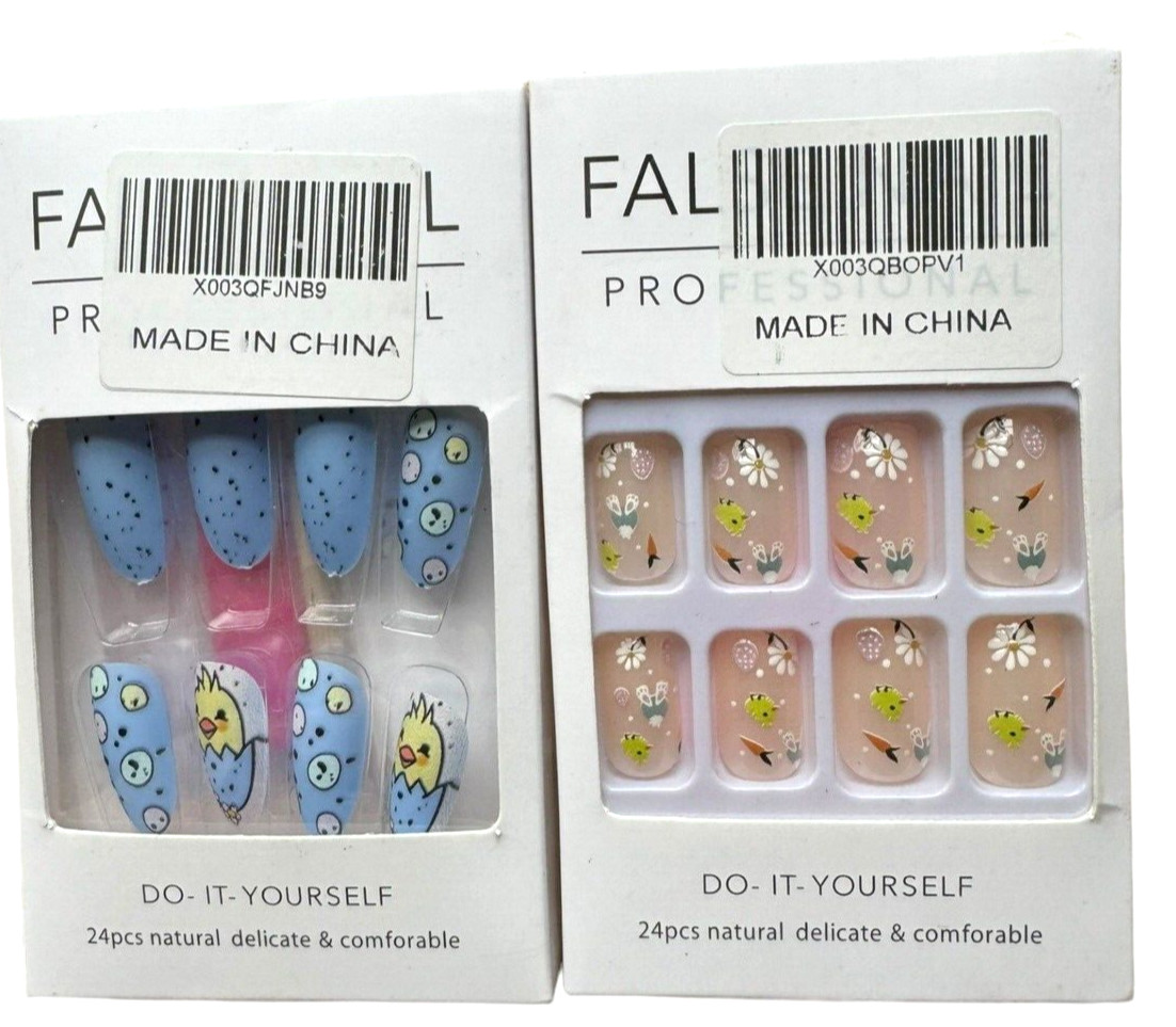 Easter Spring Themed Nails – Blue Dots & Chick + Pink (2 Boxes x 24 Count ea)