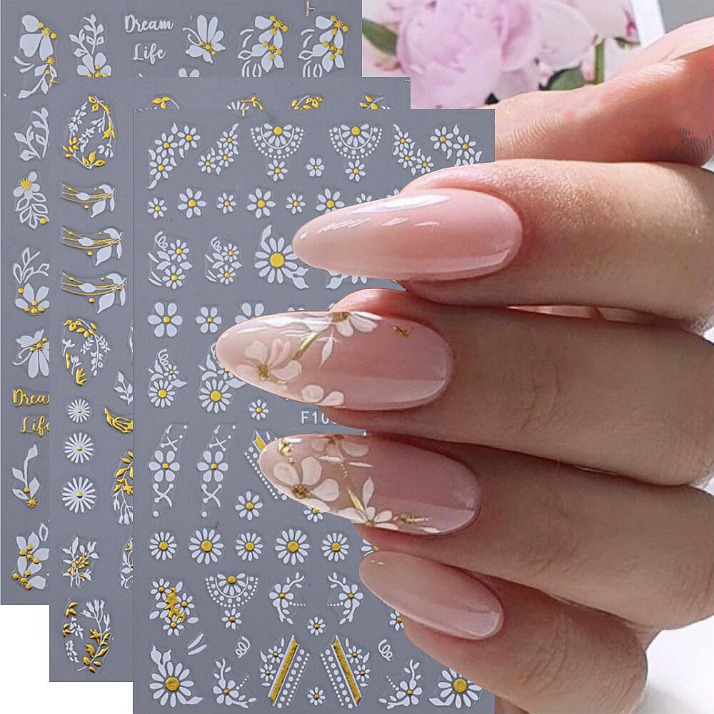 Gold White Flower Leaf Branch Dots Nail Sticker Flower Wreath Nail Decal