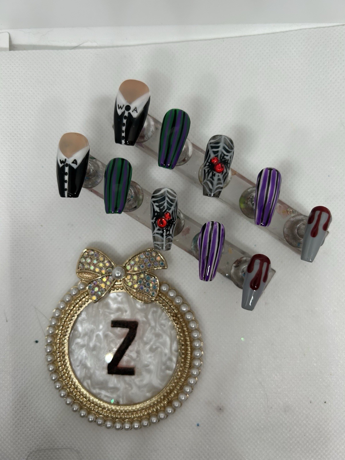 Z NAILZ! Handmade M Coffin Wednesday Adams Halloween Multicolor Press On Nails