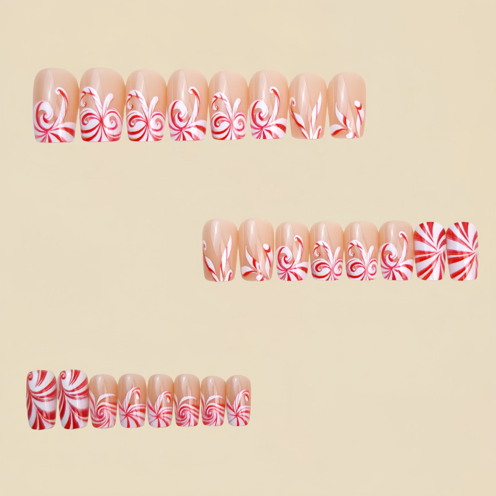 48pcs Christmas Peppermint Swirl Press On Nails Red White Festive Fake Nails