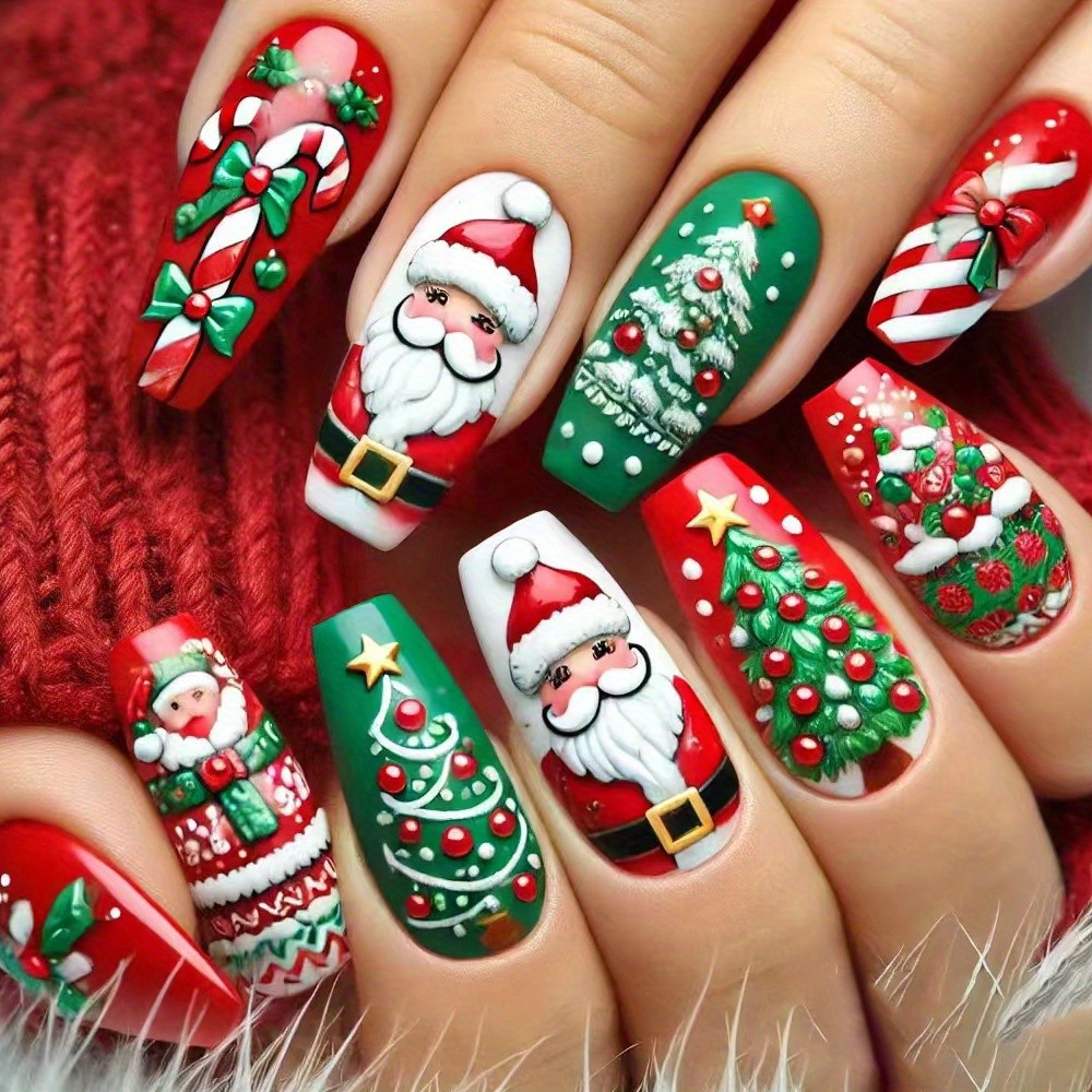 216pcs Christmas Press on Nails Santa Snowman Reindeer Festive False Nails 9Pack