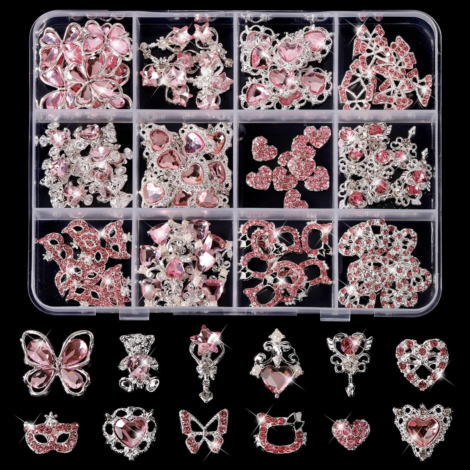 60 Pcs Heart Nail Charms & Pink Butterfly Rhinestones – DIY Nail Art Gems & Acce