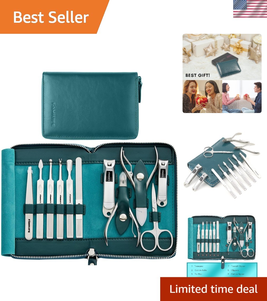 Stylish Blue Leather Manicure Kit – 11 Stainless Steel Tools for All Nail Types