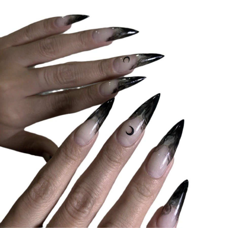 48pcs-Edgy Smoky Press on Nails, Long Stiletto with Nude Base and Black Moon