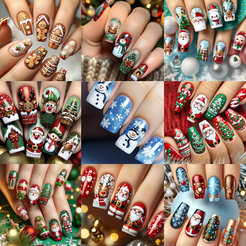216pcs Christmas Press on Nails Santa Snowman Reindeer Festive False Nails 9Pack