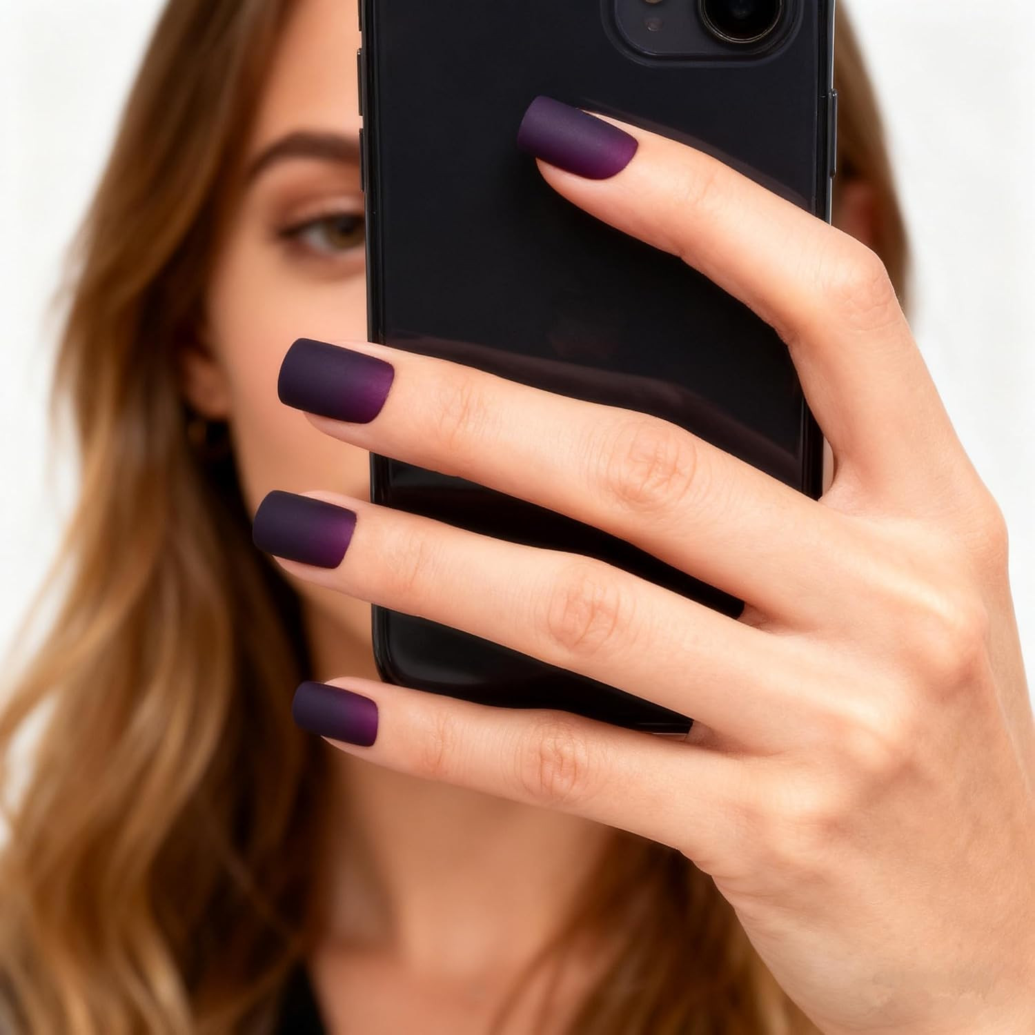Press on Nails Rubber Matte Dark Purple Gradient False Nails Squoval Short Acryl
