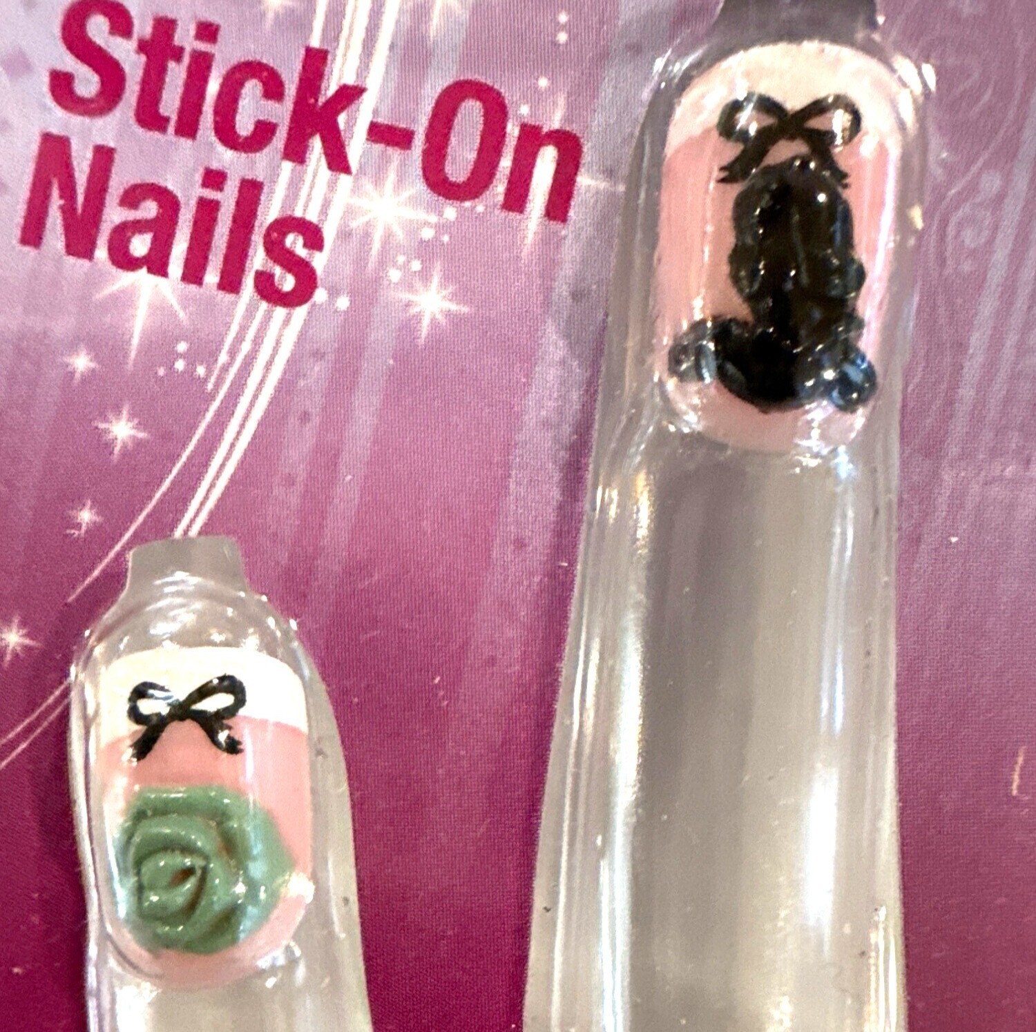 Disney PRINCESS 10 Press-On Nails Pink+Green+Black 3D CHARMS Mirror SNOW WHITE