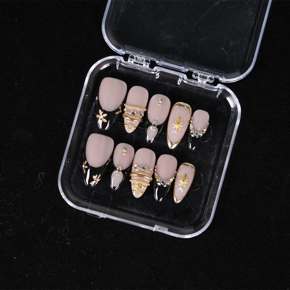 Handmade Gold Star Press on Nails Nude Black French Medium Almond Rhinestone