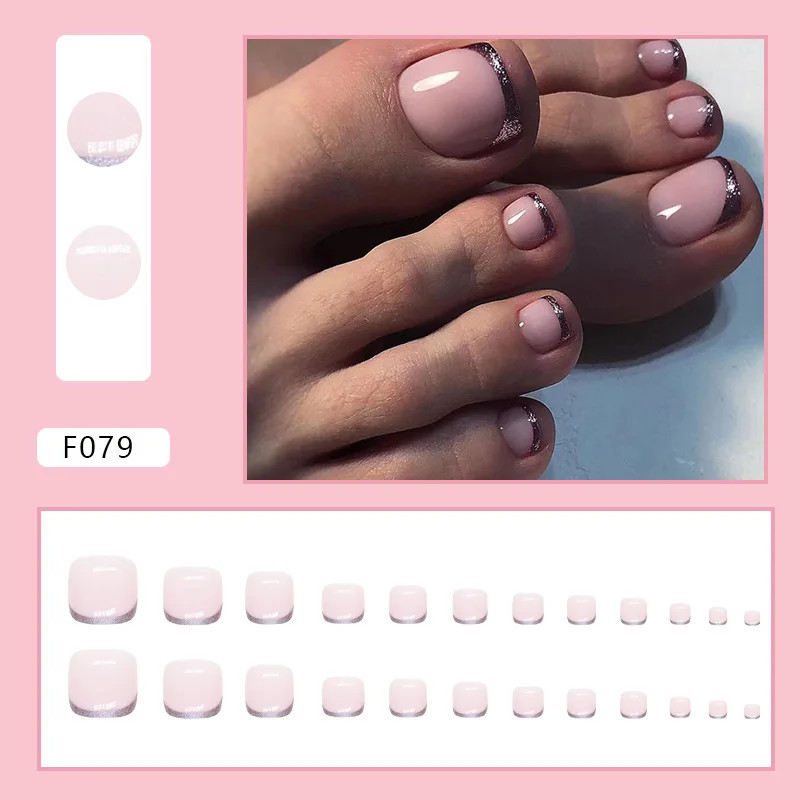 24pcs Sweet Pink Glitter Toenails French White Edge Detachable
