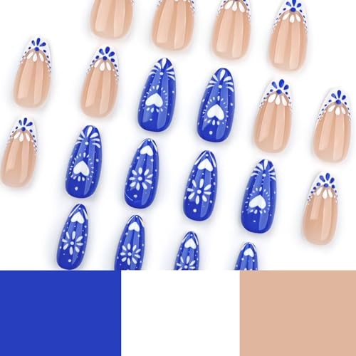 Blue White Totem Press on Nails French Tip Fake Nails Short Almond style20