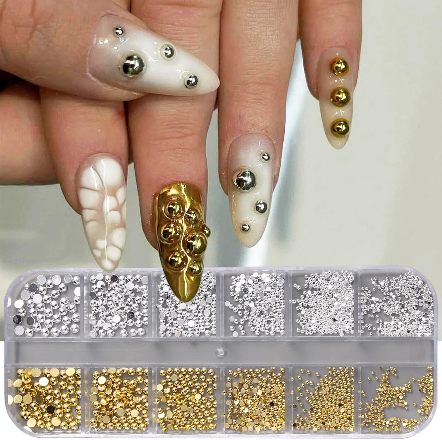 Gold & Silver Caviar Nail Beads Kit with Tweezers for DIY Nail Art & Crafts