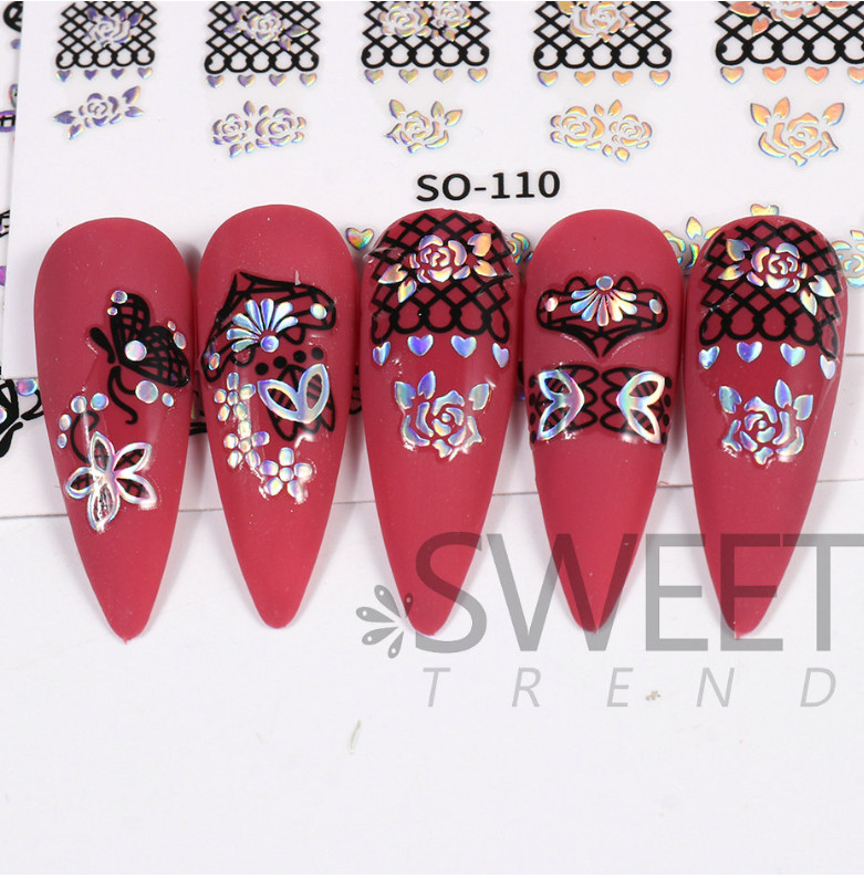 Silver Black Nail Sticker Laser Butterfly Rose Lace Flower Heart Peel Stick NH21