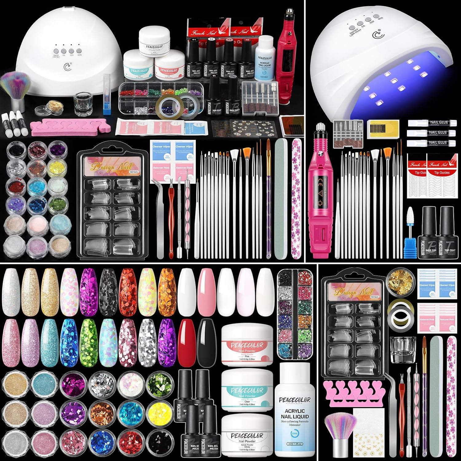 Acrylic Nail Kit With Drill UV Light 3 Powder Glitter Tips DIY Home Salon Set